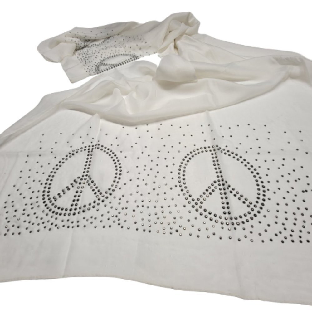 Peace Sign Motif White Scarf Metal Studded Scarf Long Wide Thin Rectangular- NEW